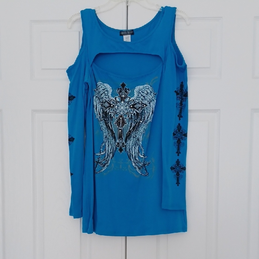 Bling Turquoise Blue Angel Wing Cross Rhinestone Long Sleeve Plus Size Top